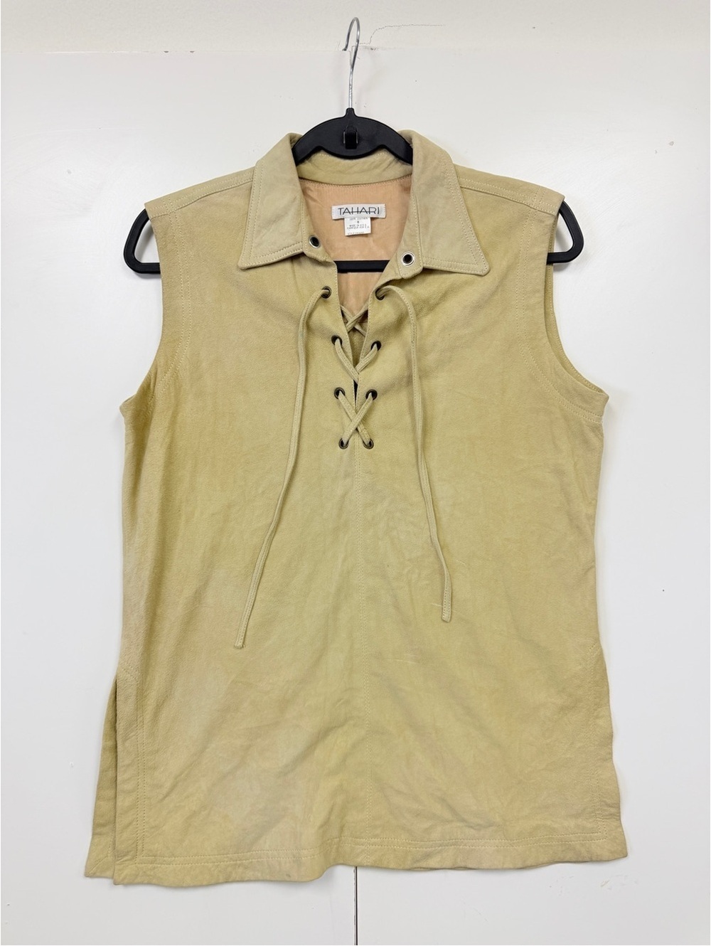 Tahari Genuine Leather Lace Up Vest Tank Top Tan Olive Size 8 Made USA